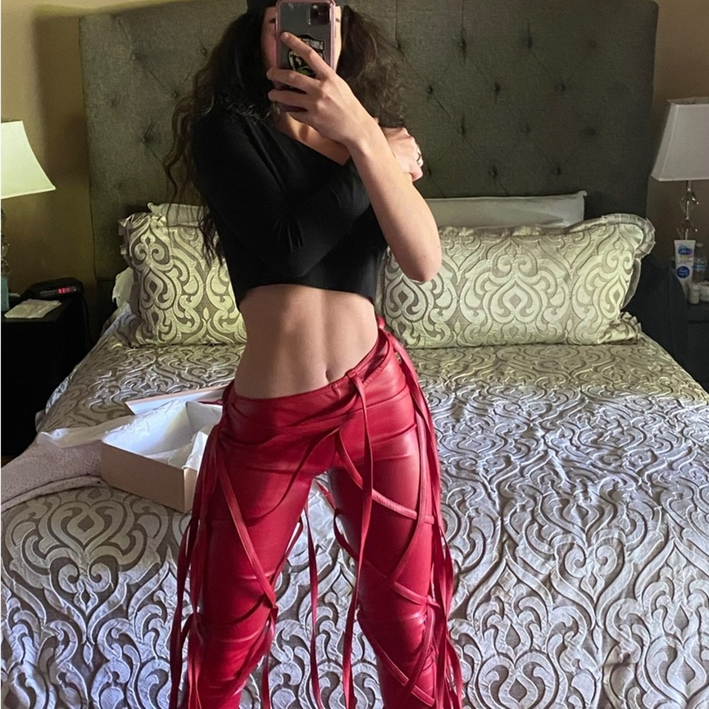 TLZ L’Femme  - Red Vegan Strap Trousers/ Pants/Custom Bottoms. Limited edition